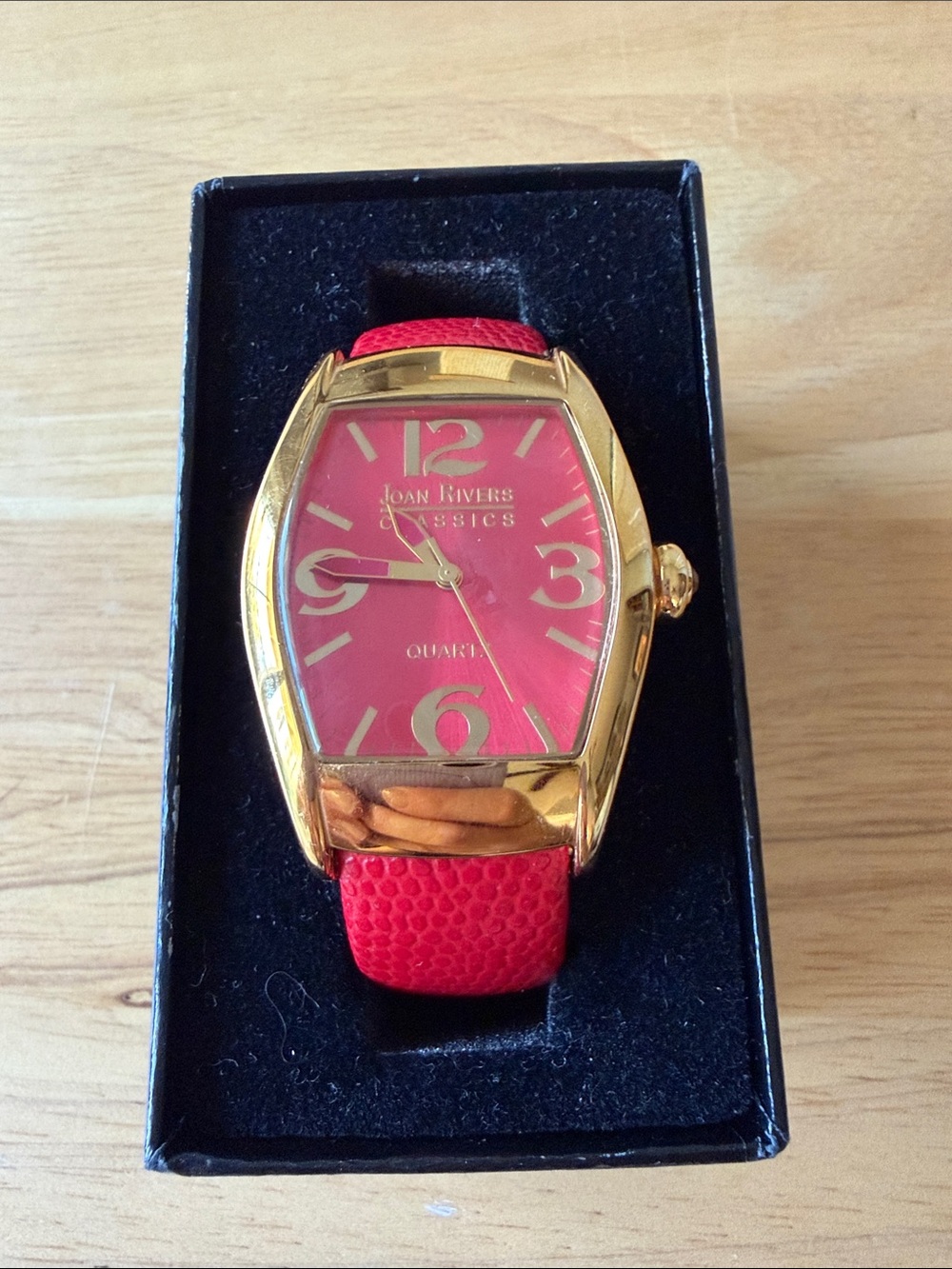 Joan Rivers Gold-Tone Watch with Red Dial and Hinged Red Cuff Strap